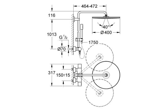 Душевая система с термостатом для настенного монтажа, GROHE Rainshower System 400, хром, (27174001)