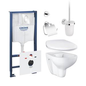 Готовый набор для туалета GROHE Bau Ceramic: унитаз подвесной, инсталляция GROHE Rapid SL с панелью Arena Cosmopolitan S, сиденье и аксессуары (NW0048)