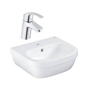 Набор для ванной комнаты: Смеситель для раковины GROHE Eurosmart New с донным клапаном и мини-раковина GROHE Euro Ceramic 45 см (NC0008)