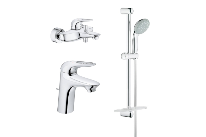 Комплект смесителей для ванной комнаты GROHE Eurostyle с душевым гарнитуром и полочкой, хром (124416)