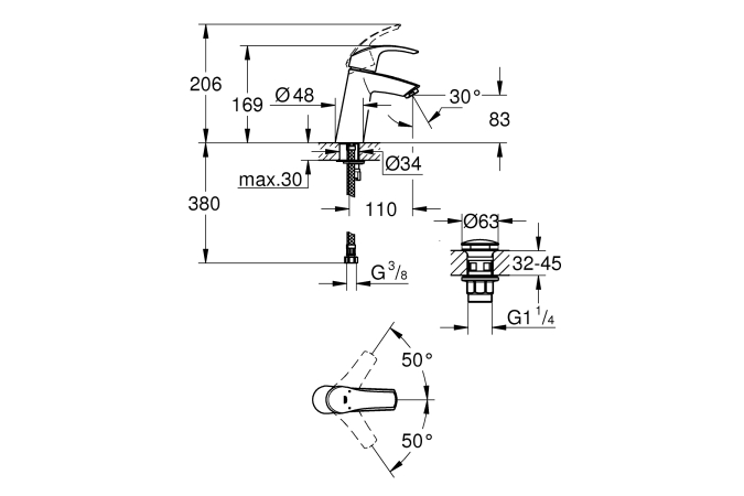 Смеситель для раковины GROHE Eurosmart с нажимным донным клапаном, M-Size, хром (23923002)