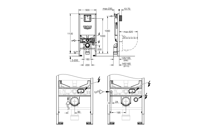 Система инсталляции для подвесного унитаза, GROHE Rapid SLX, комплект 3-в-1, монтажная высота 1.13 м, (39598000)