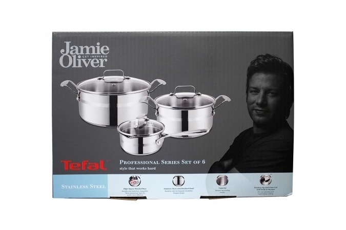 Набор посуды Tefal Jamie Oliver, нержавеющая сталь с декором, кастрюли 20/24 см, ковш 16 см, крышки